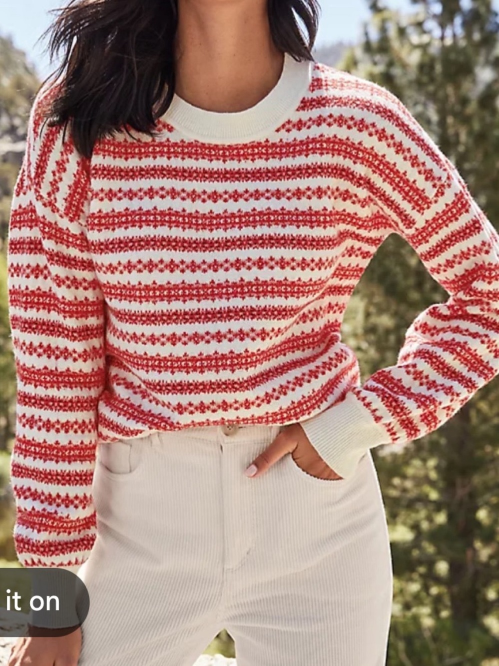 LOFT Fair Isle Red & White Striped Everyday Crewneck Sweater Sz L